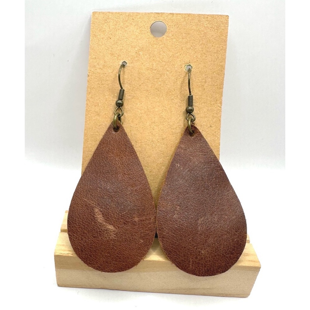 Genuine Leather Brown Medium Teardrop Earrings